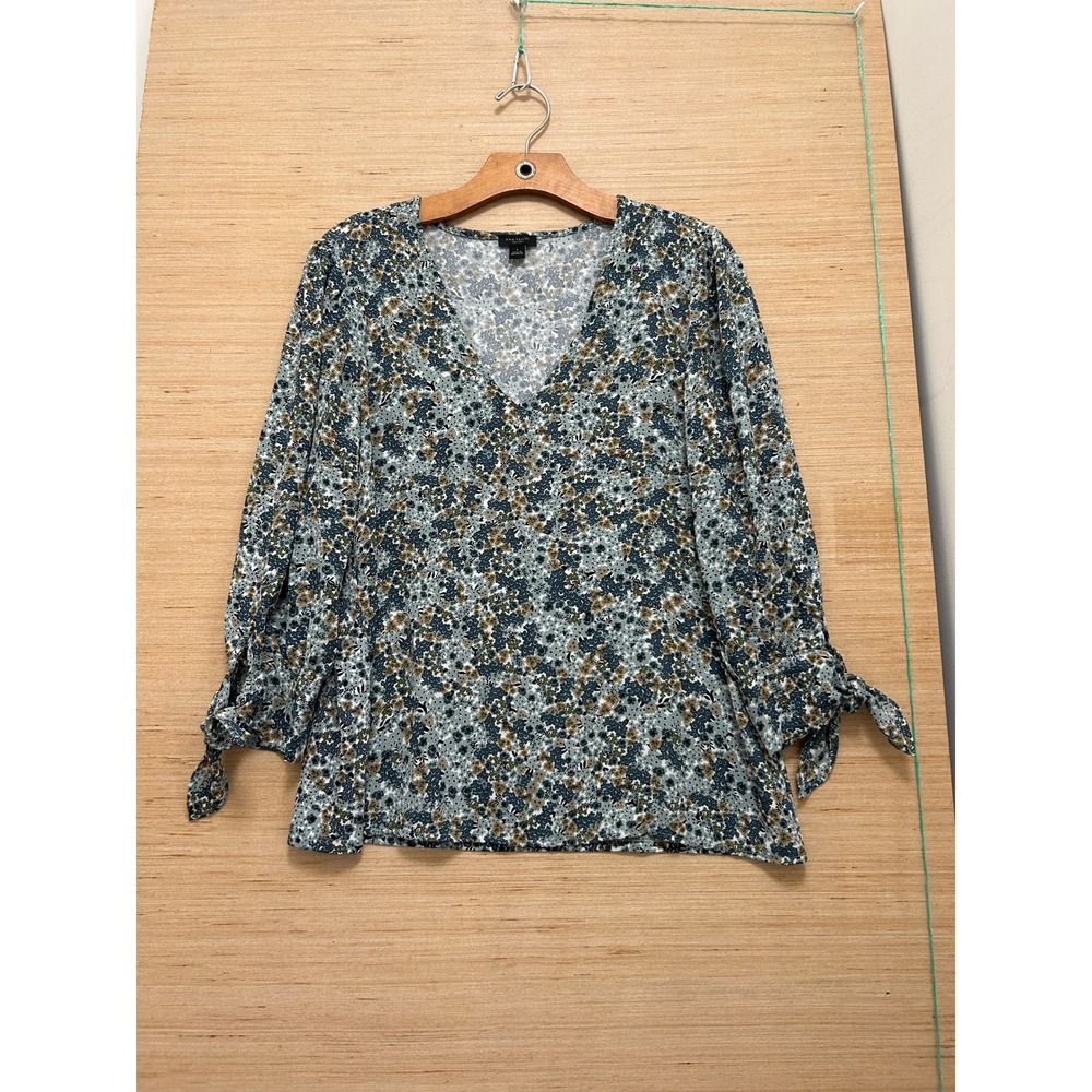 Ann Taylor Factory Floral V-Neck Blouse Blue‎ Green Tie Cuff Sleeve Womens Small